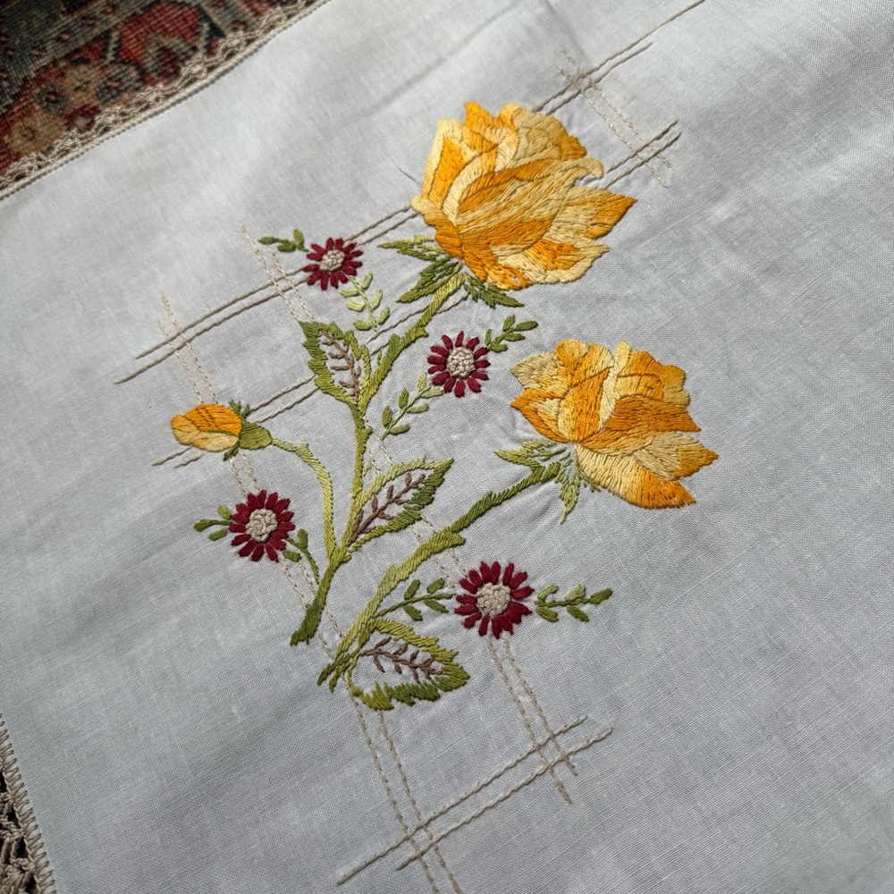 Vtg Embroidered Floral Tablecloth with Yellow Accents - Picture 2 of 4